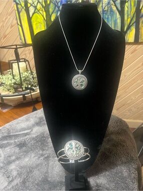 Silver Tree of Life Necklace and Bracelet Set with Green Accents